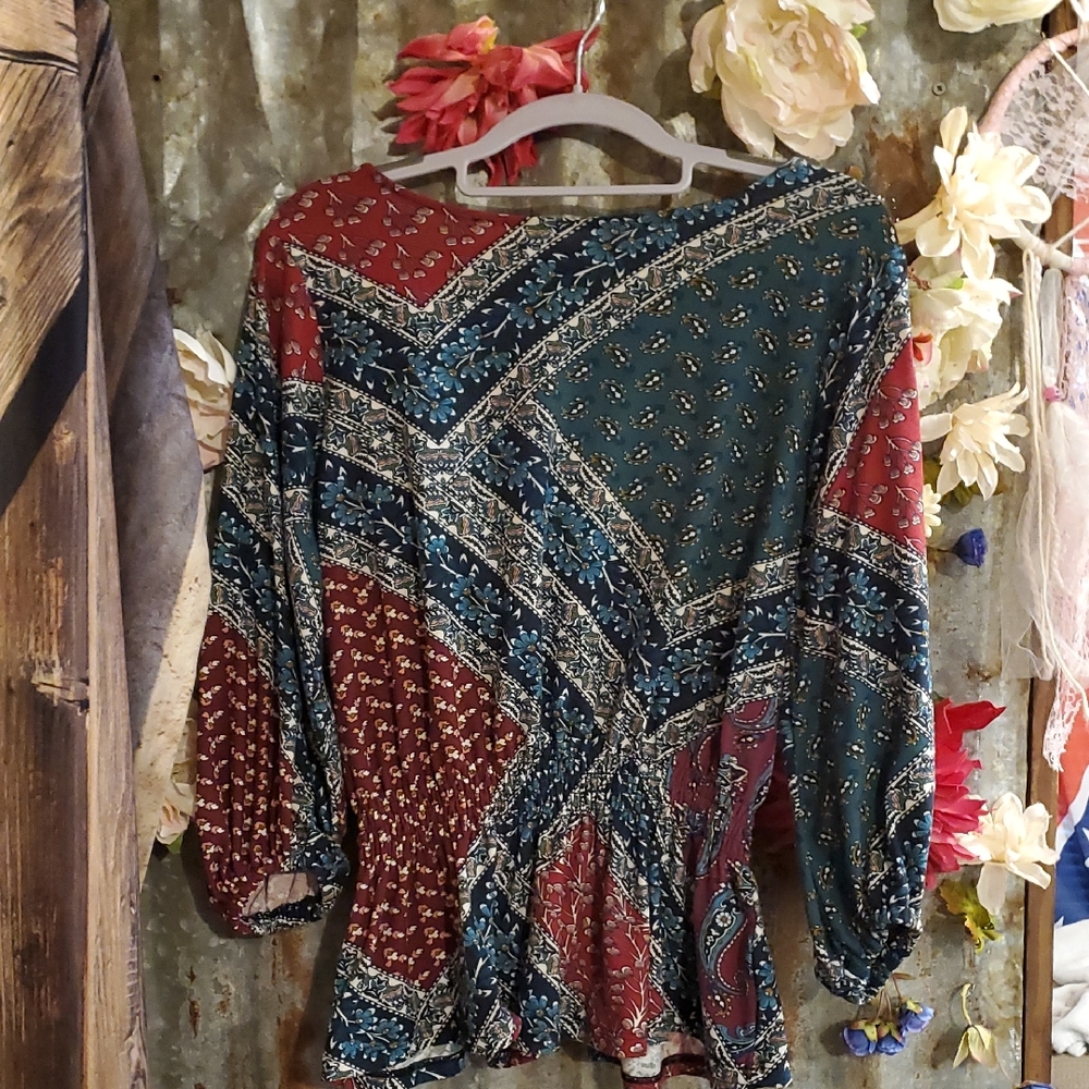 Melissa Paige Red and Blue Patterned Blouse